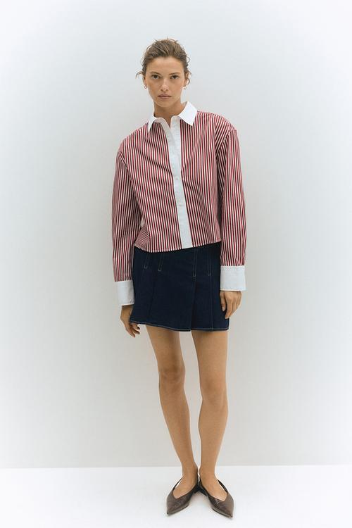 Short poplin shirt - white & burgundy striped