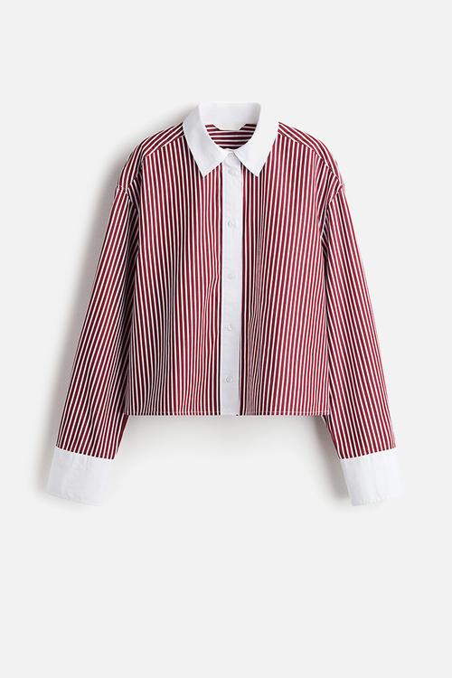 Short poplin shirt - white & burgundy striped
