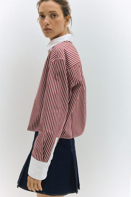 Short poplin shirt - white & burgundy striped