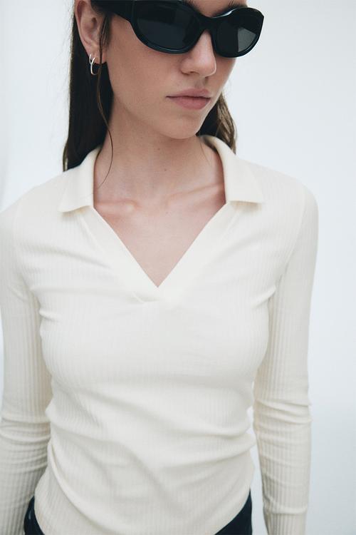 Ribbed collared top - white