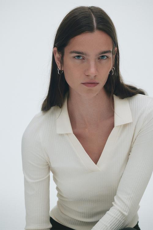 Ribbed collared top - white