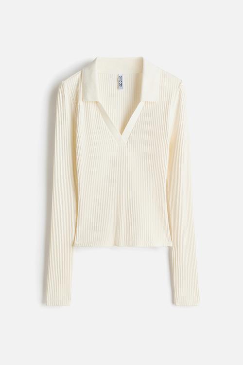 Ribbed collared top - white