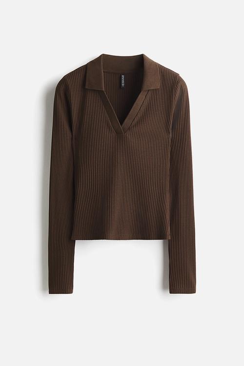 Ribbed collared top - dark brown