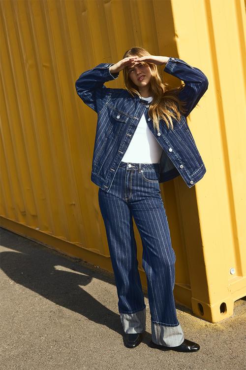 Wide ultra high turn-up jeans - denim blue pinstriped