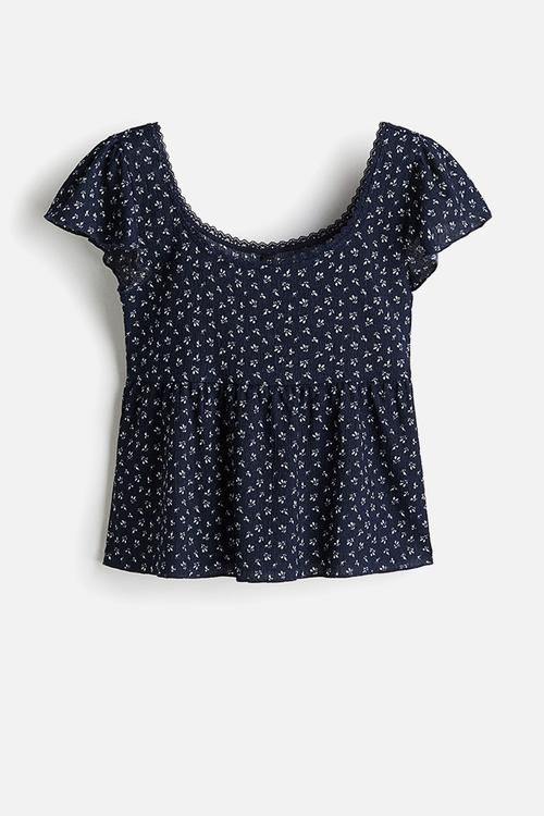 Textured jersey top - navy blue floral