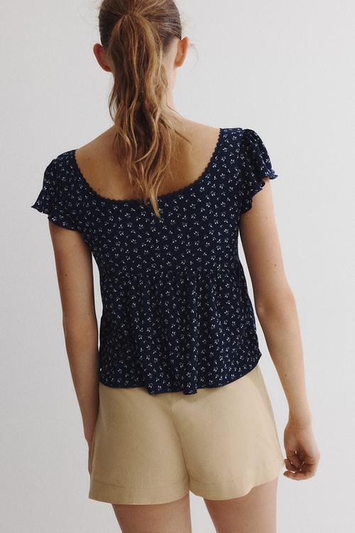 Textured jersey top - navy blue floral