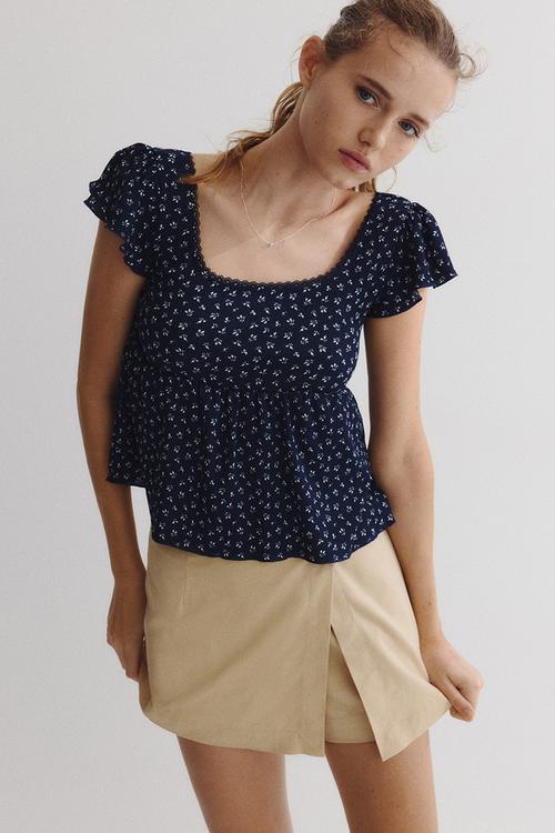 Textured jersey top - navy blue floral