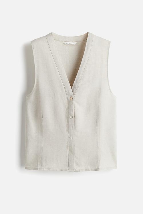 Sleeveless linen-blend blouse -  light beige