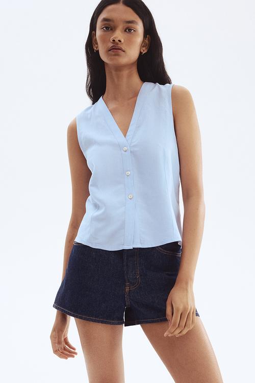 Sleeveless linen-blend blouse -  light blue