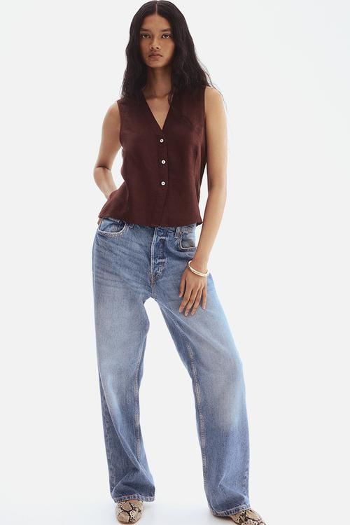 Sleeveless linen-blend blouse - dark brown