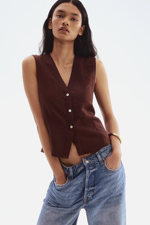 Sleeveless linen-blend blouse - dark brown