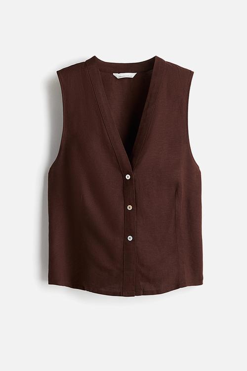 Sleeveless linen-blend blouse - dark brown
