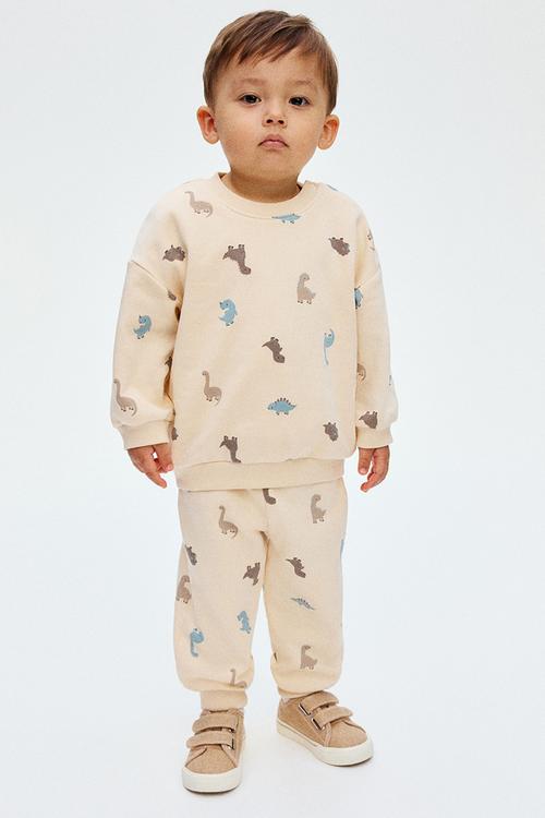 2-piece printed brushed-inside sweatshirt set - light beige dinosaurs