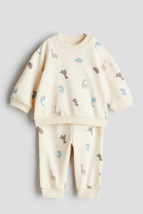 2-piece printed brushed-inside sweatshirt set - light beige dinosaurs