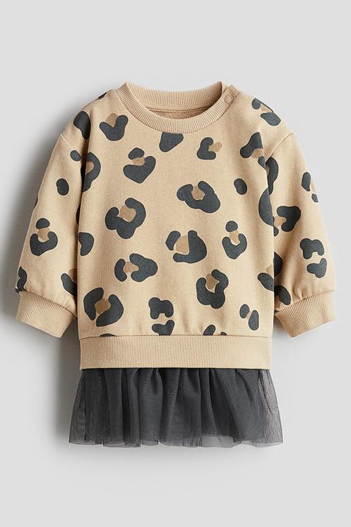 Tulle-skirt sweatshirt dress - beige/leopard print