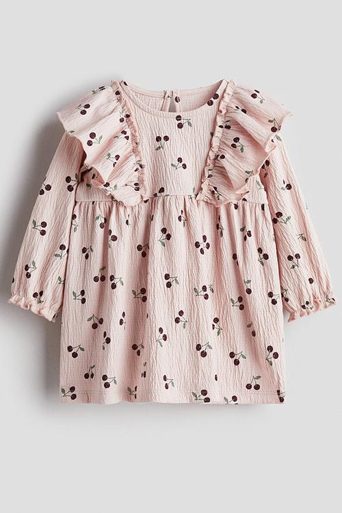Crinkled cotton dress - light pink/cherries