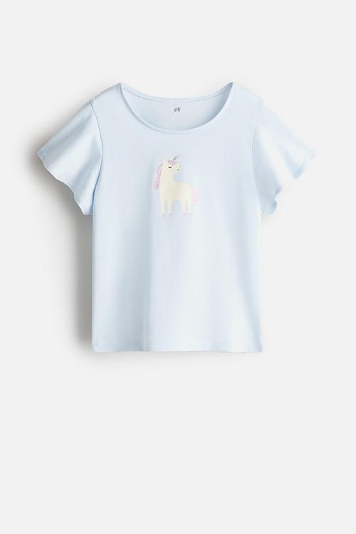 Printed flutter-sleeved top - light blue/unicorn 
