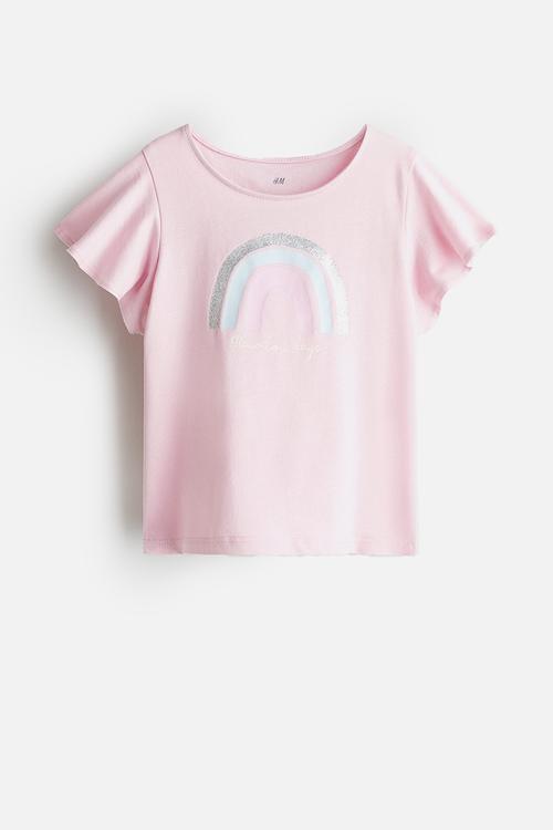 Printed flutter-sleeved top - pink/rainbow