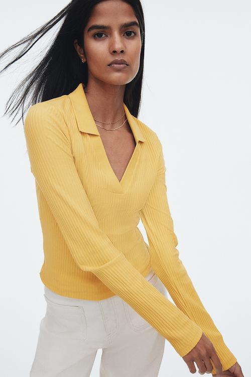 Ribbed collared top - yellow