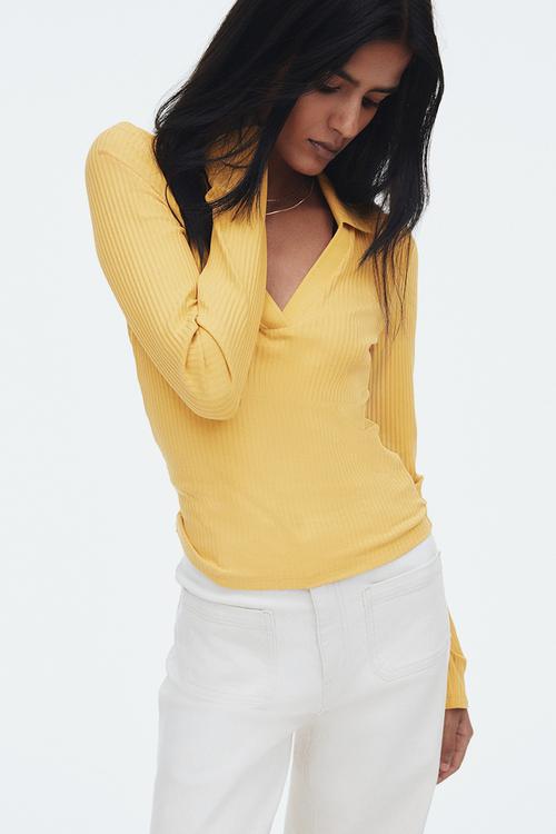 Ribbed collared top - yellow