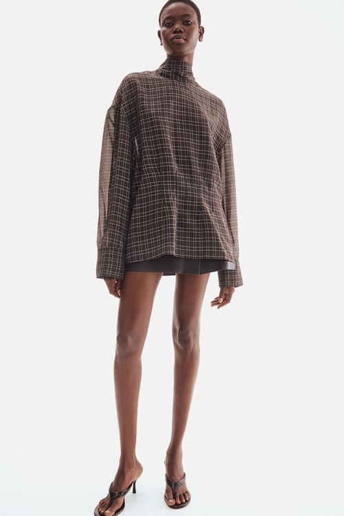 Bow-collar blouse - black checked