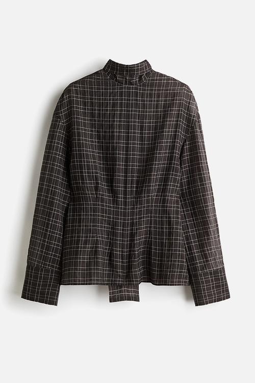 Bow-collar blouse - black checked