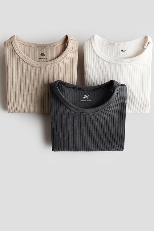 3 pack ribbed cotton bodysuits - grey,white,beige