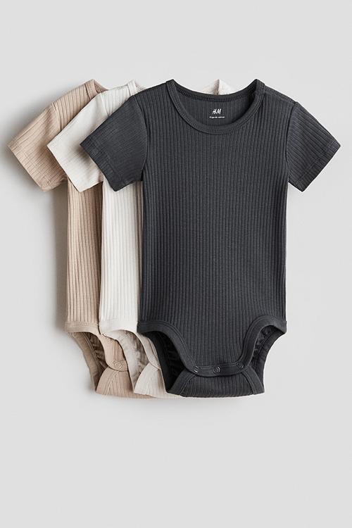 3 pack ribbed cotton bodysuits - grey,white,beige