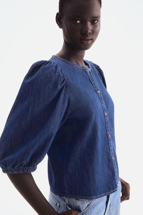 Balloon-sleeved denim blouse - denim blue