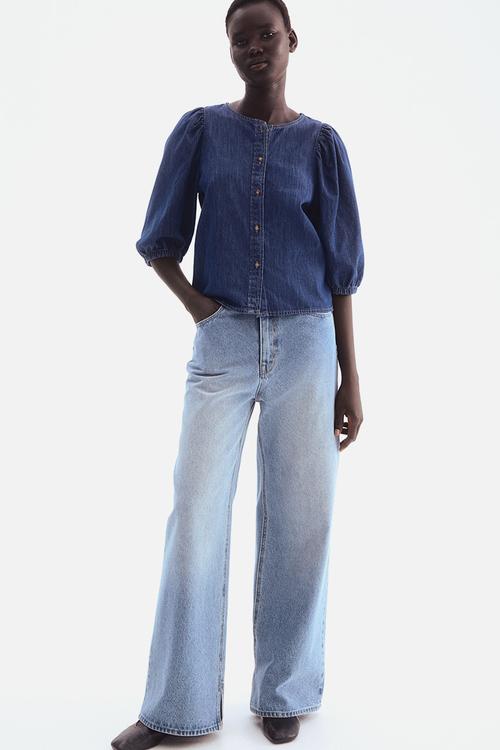 Balloon-sleeved denim blouse - denim blue