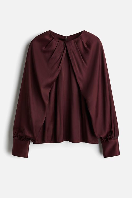 Balloon-sleeved satin blouse - burgundy