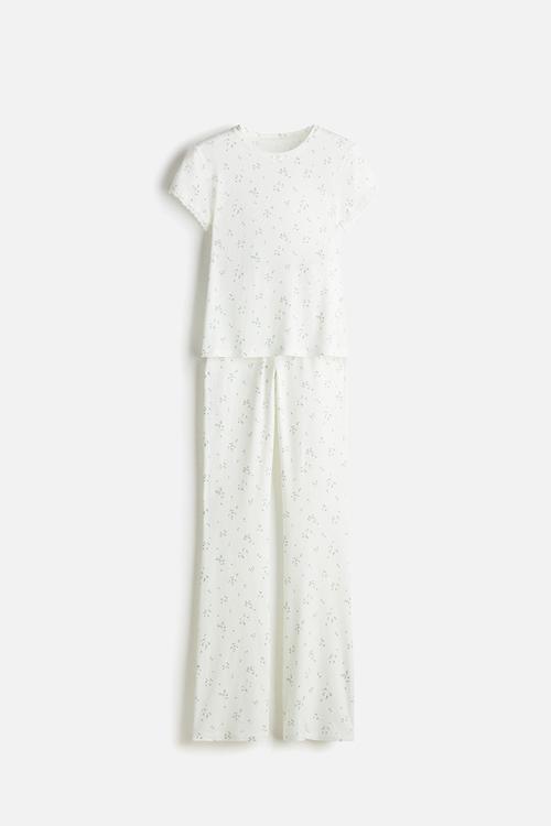 Ribbed modal pyjamas - white & blue floral