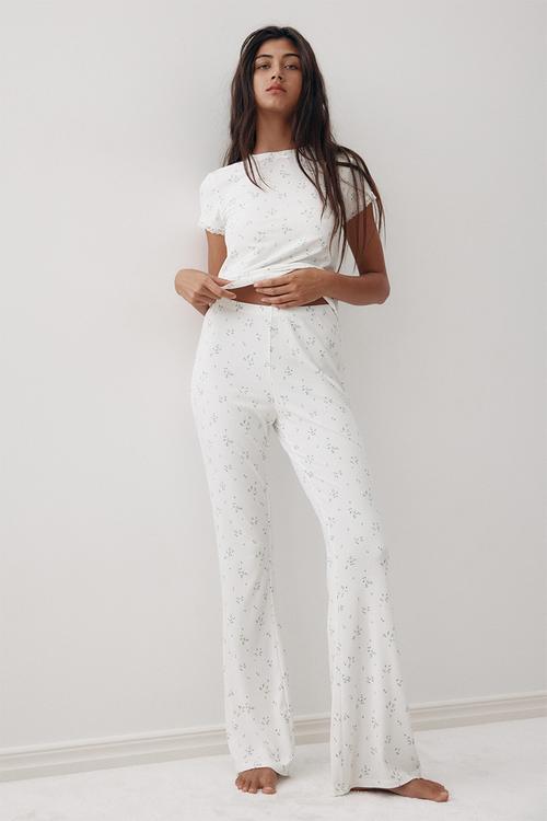 Ribbed modal pyjamas - white & blue floral