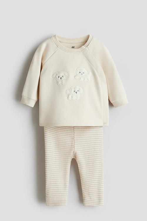 2-piece cotton set - cream/puppies 