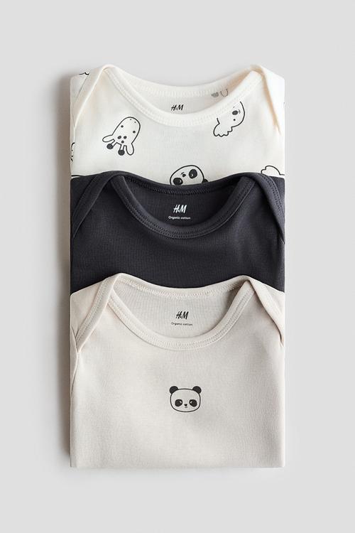 3-pack cotton envelope-neck bodysuits - light beige/pandas