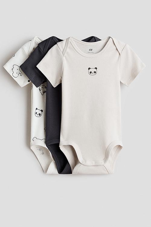 3-pack cotton envelope-neck bodysuits - light beige/pandas
