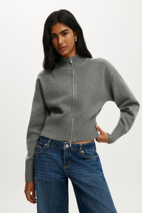 Cinched knit bomber - charcoal marle