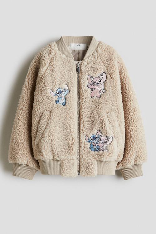 Appliquéd teddy bomber jacket - light beige/lilo & stitch 