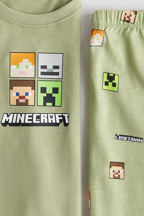 Printed cotton jersey pyjamas - dusty green minecraft