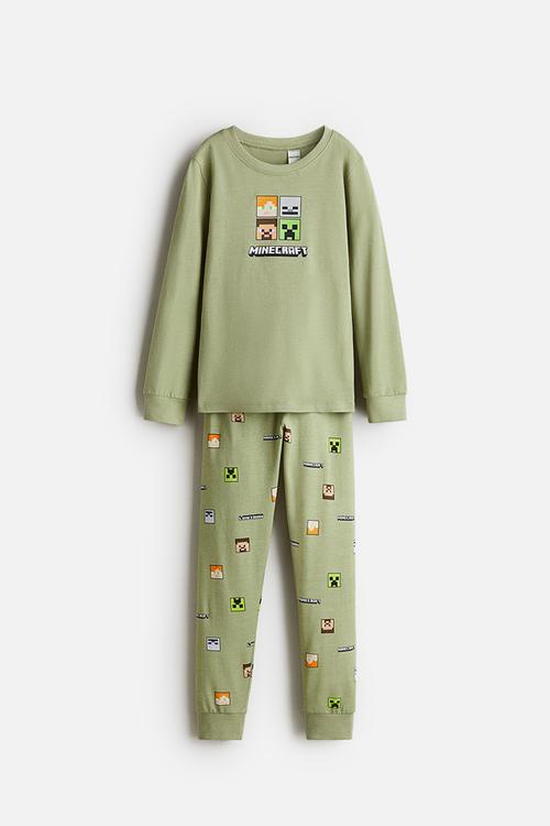 Printed cotton jersey pyjamas - dusty green minecraft