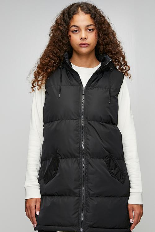 Ladies Padded Longer Length Gilet With Fixed Hood - Black