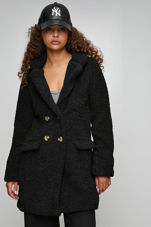 Ladies Long Length Double Breasted Jacket - Black