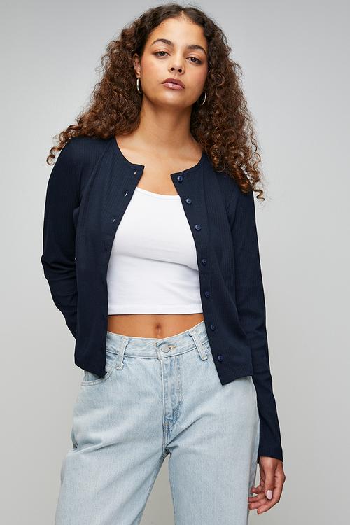 Ladies Ribbed Button Down Long Sleeve Top - Navy