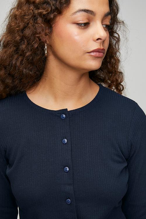Ladies Ribbed Button Down Long Sleeve Top - Navy