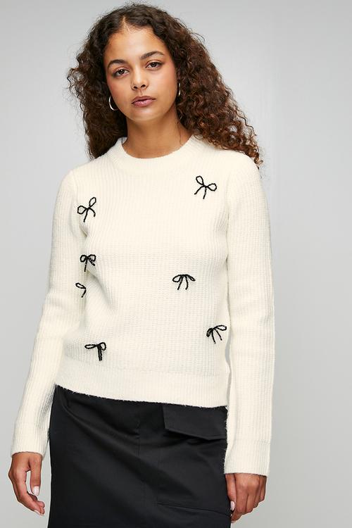 Ladies Fisherman Knit Crew Neck Jumper With  Jewel Bow Detail - Cream/Black Bows