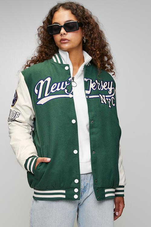 Ladies Over Sized Varsity Jacket - Green / White / Green& White