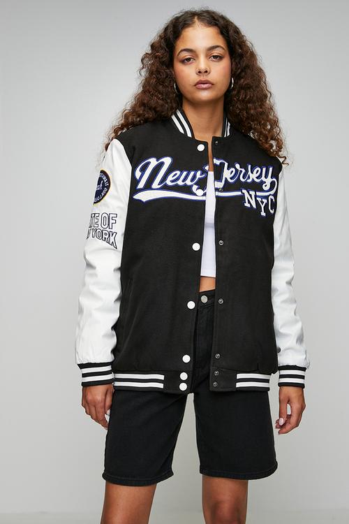 Ladies Over Sized Varsity Jacket - Black / White / Black& White