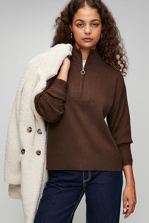 Ladies Knitted Jumper With Collared Zip - Chocolate