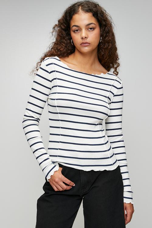 Ladies Long Sleeve Stripe T-Shirt - Cream/Navy