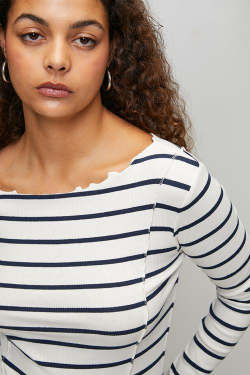 Ladies Long Sleeve Stripe T-Shirt - Cream/Navy